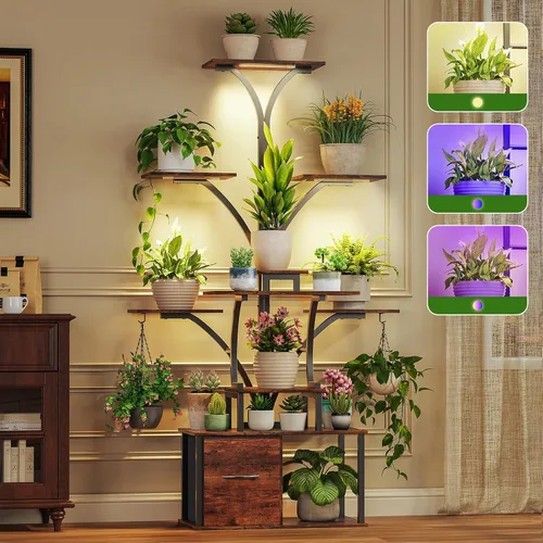 Soporte para plantas de interior de 63 pulgadas con luces de crecimiento, estante de plantas de 10 niveles con cajón, soportes de esquina para