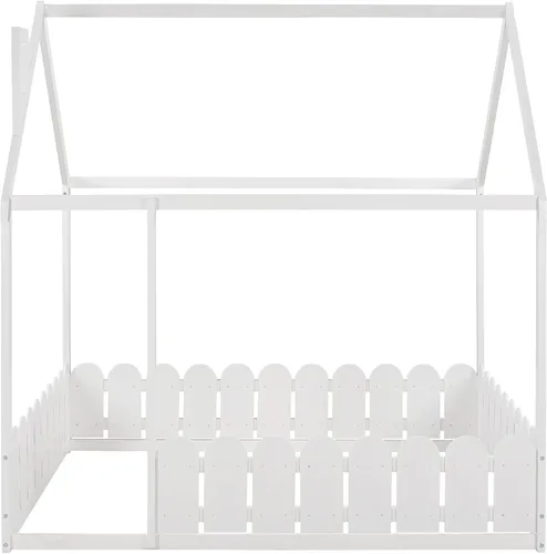 Miniatura 5 de MERITLINE Cama de casa para niños, cama de piso completa de madera con techo y valla, cama de casa completa Montessori para niños, adolescentes