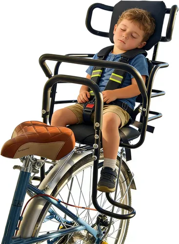 Asiento trasero de bicicleta para niños con reposacabezas ajustable, asiento trasero de bicicleta para niños con pedales y pasamanos. Silla de