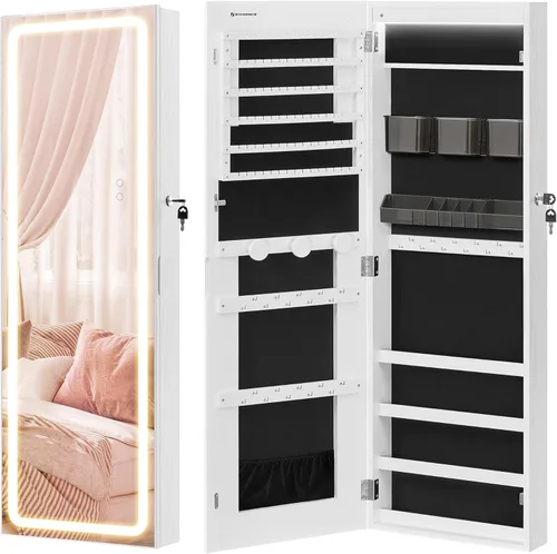 Miniatura 31 de SONGMICS Gabinete colgante de joyería, gabinete de pared con luces interiores LED, organizador de joyas montado en la puerta, espejo de cuerpo Blanco