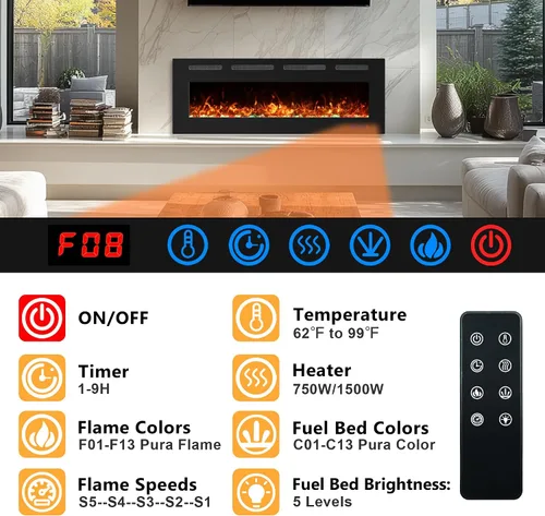 Miniatura 2 de Insertos de chimenea eléctrica de 42 pulgadas, calentador de chimenea lineal ultrafino con termostato, brillo y velocidad ajustables, temporizador