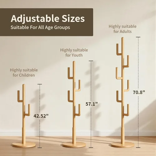Miniatura 3 de Perchero independiente de madera maciza de cactus con 6 ganchos en forma de L y 3 tamaños ajustables, perchero para dormitorio, entrada, sala