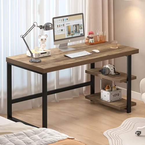 Miniatura 5 de FOLUBAN Escritorio para computadora, escritorio de oficina en casa de madera y metal con estantes de almacenamiento, pequeña mesa de escritura