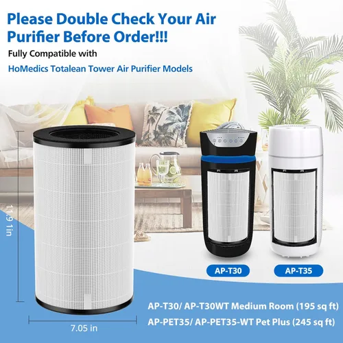 Miniatura 2 de Filtro de repuesto AP-PET35 AP-T30 compatible con modelos de purificador de aire HoMedics TotalClean 5-en-1 AP-T30FL AP-T30WT AP-PET35FL