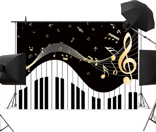 Miniatura 3 de Newsely Fondo de Tema de Piano 7 pies de ancho x 5 pies de alto Fotografía Notas Musicales Doradas y Teclado de Piano Fondo Elegante Moderno de Moda