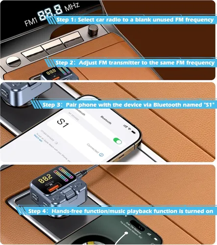 Miniatura 9 de Adaptador Bluetooth 5.3 para automóvil con transmisor FM y carga rápida PD de 42 W, receptor de música inalámbrico AUX/USB, llamadas manos libres