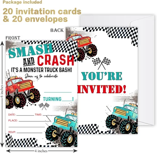 Miniatura 2 de 20 invitaciones de fiesta de cumpleaños de Monster Truck con sobres, invitación de fiesta de aplastamiento y choque, tarjetas de invitación