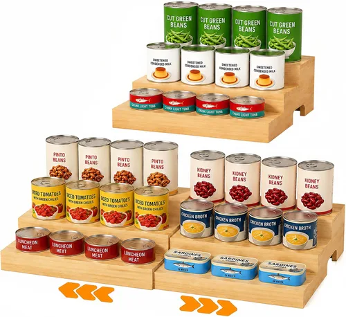 Miniatura 7 de Organizador de latas de madera expandible de 3 niveles para despensa, estante ajustable con capacidad para 24 latas, estante de almacenamiento