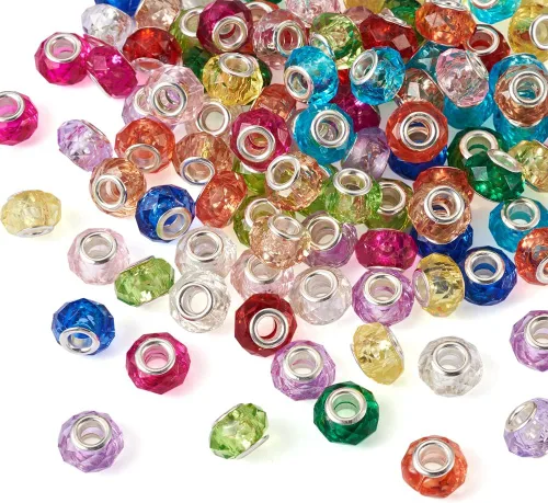 Miniatura 2 de 120 cuentas redondas planas europeas transparentes facetadas grandes con núcleos de latón chapados en plata, cuentas de cristal de imitación