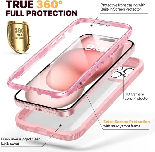 Miniatura 375 de Diaclara Funda diseñada para iPhone 16, mejorada [protección completa de la cámara], carcasa resistente de cuerpo completo con protector de pantalla