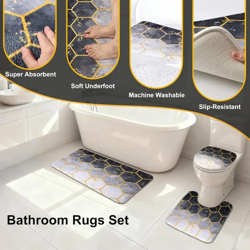 Miniatura 3 de BSSN Juego de 25 accesorios de baño negros y dorados con cortina de ducha y alfombras, basura, cepillo de inodoro, dispensador de jabón, soporte