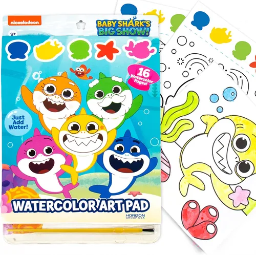 Horizon Baby Shark - Bloc de arte de acuarela para colorear y juego de pintura, kit de pintura de acuarela de tiburón, gran juego de arte para niños