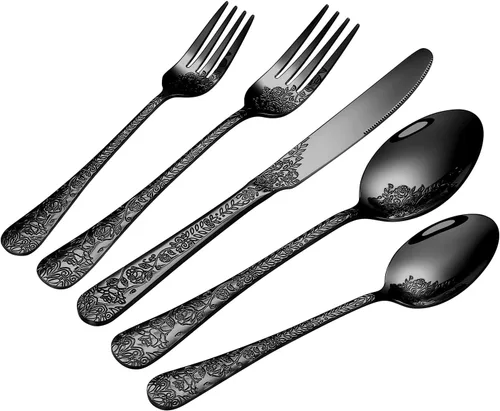 Miniatura 10 de Juego de cubiertos negros de 20 piezas para 4, juego de cubiertos de acero inoxidable de grado alimenticio, incluye tenedor/cuchillo/cuchara, juego