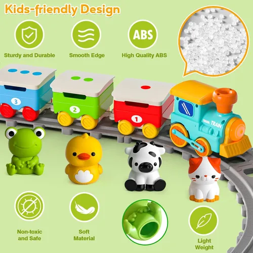 Miniatura 7 de Juguetes de tren de animales de granja para niños de 2 a 4 años, juego de tren eléctrico para niños con música, vapor y luces, juguetes