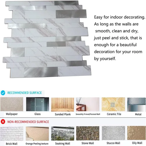 Miniatura 5 de XUANINY 10 hojas de azulejos metálicos despegar y pegar para protector contra salpicaduras, autoadhesivos de aluminio 3D, adhesivos de pared
