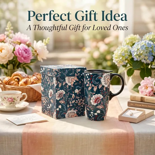 Miniatura 9 de Topadorn Taza de Café de Cerámica de Porcelana Latte Taza de Té con Tapa y Caja de Regalo 17oz, Flor Azul