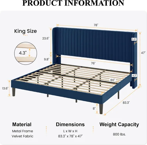 Miniatura 2 de SHA CERLIN - Marco de cama tamaño King de terciopelo con cabecera acolchada de acanalado vertical, cama de plataforma tapizada con listones de Azul