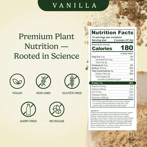 Miniatura 7 de Field's Great Batido de proteína de vainilla todo en uno a base de plantas, envejecimiento saludable, 1.06 onzas de proteína, 0.18 onzas de fibra +