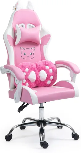Miniatura 8 de Silla de juegos rosa con cojín lumbar de pata de gato y orejas de gato, sillas reclinables para computadora de juegos de PC, silla ergonómica