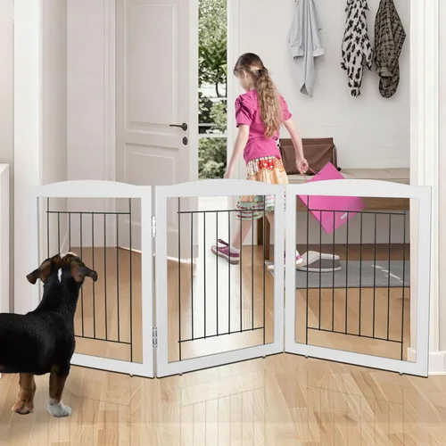 Miniatura 12 de ZJSF Puerta plegable independiente para perros, puerta de madera extra ancha blanca para cachorros, 6 paneles, puertas altas para mascotas