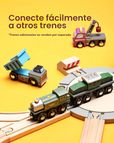 Miniatura 6 de Pista de tren de madera SainSmart Jr. con casa de locomotoras - Juguete ferroviario para niños pequeños, pistas de doble cara compatibles con todas