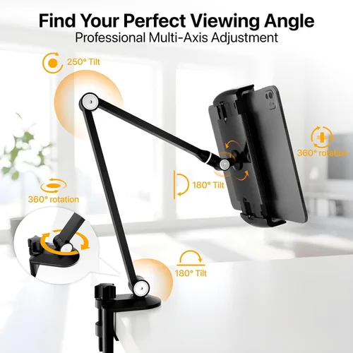 Miniatura 4 de Soporte para tableta, soporte de escritorio ajustable para iPad con base giratoria de 360° para dispositivos de 6.3 a 16 pulgadas, soporte de brazo