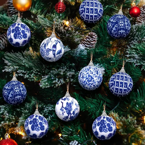 Miniatura 5 de Preboun 12 adornos de bola Chinoiserie de Navidad azules y blancos, decoración de árbol Chinoiserie, adornos colgantes de árbol de Navidad