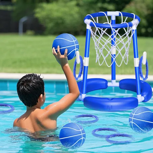 Miniatura 9 de SpringFlower Aro de baloncesto para piscina, juguetes flotantes para piscina, juego de anillo con lanzamiento de anillo, bolas y bomba, 2 en 1