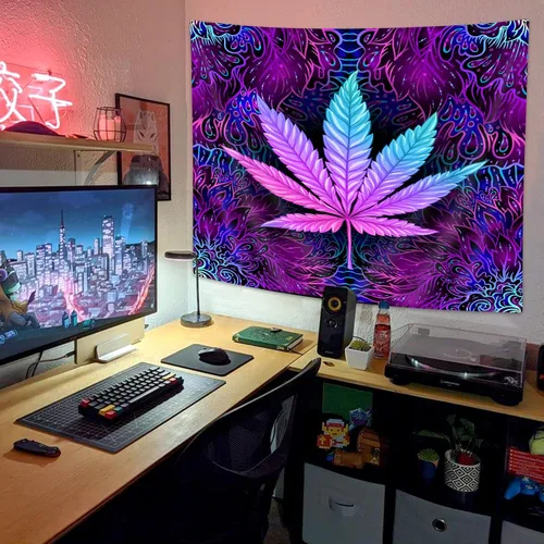 Miniatura 3 de Ptrxobj Tapiz de hojas mágicas, fresco Trippy neón morado teñido anudado, tapiz para colgar en la pared para dormitorio de hombres, tapiz hippie