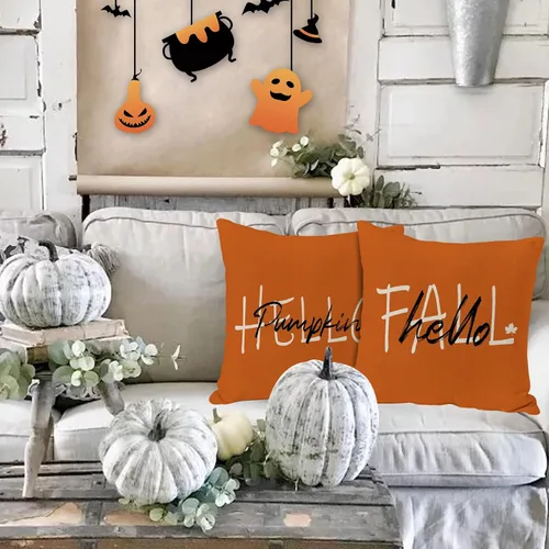 Miniatura 2 de JOOCAR Juego de 2 fundas de almohada de otoño, con texto en inglés «Hello Pumpkin», «Hello Fall», fundas decorativas de lino para sofá, decoración