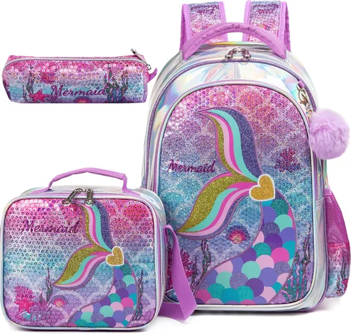 Miniatura 12 de Mochila para niñas de 16 pulgadas, mochilas para niñas para la escuela, mochila de lentejuelas con lonchera para estudiantes de primaria