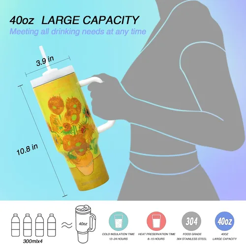 Miniatura 4 de Jormungand Vaso de 40 onzas con asa y pajita, botella de agua de acero inoxidable aislada al vacío para bebidas calientes o frías, taza de café