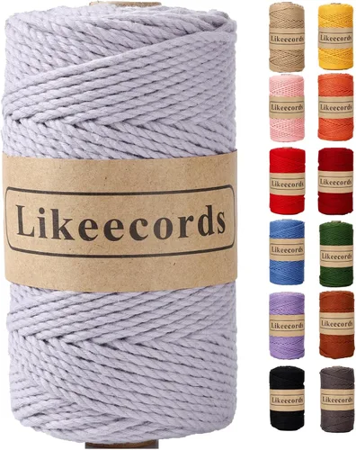 Miniatura 25 de Likeecords Cordón de algodón para macramé de 3mm x 100 metros, hilo torcido de 3 hebras, cuerda de macramé, hilo de algodón para macramé, cuerda