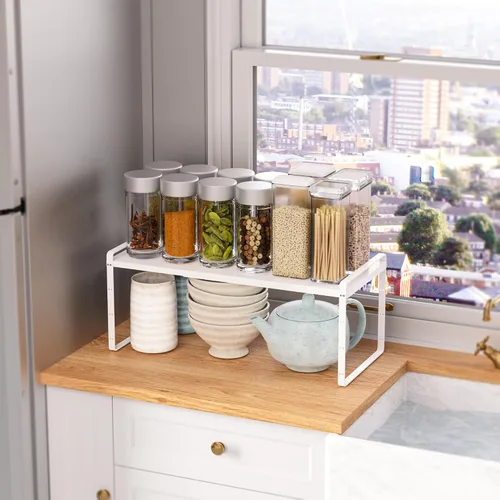 Miniatura 7 de SANNO Organizador de estantes de cocina expandibles, altura ajustable, gran apilable, armario de cocina, organizador de despensa y mostrador, Negro