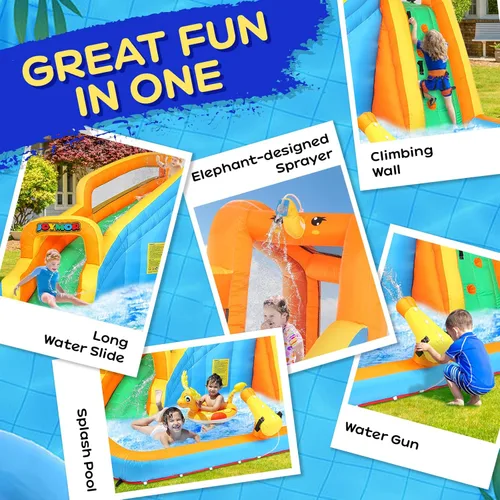 Miniatura 2 de JOYMOR Parque inflable de tobogán acuático con piscina, pared de escalada, cañón de agua, toboganes acuáticos inflables para patio trasero, Naranja