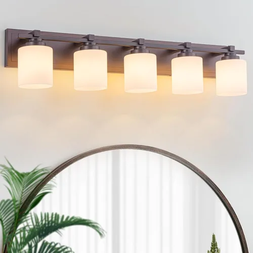 Miniatura 32 de 1 Luminaria Moderna de Baño sobre Espejo, Luces de Tocador Negro Dorado para Apliques de Pared de Baño con Pantallas de Vidrio Blanco Lechoso