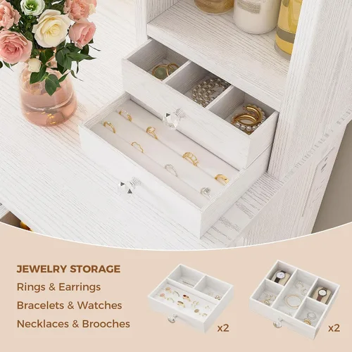 Miniatura 4 de IRONCK Escritorio de tocador con espejo y luces, mesa de tocador de maquillaje con 10 cajones, organizador de joyas, toma de corriente, taburete