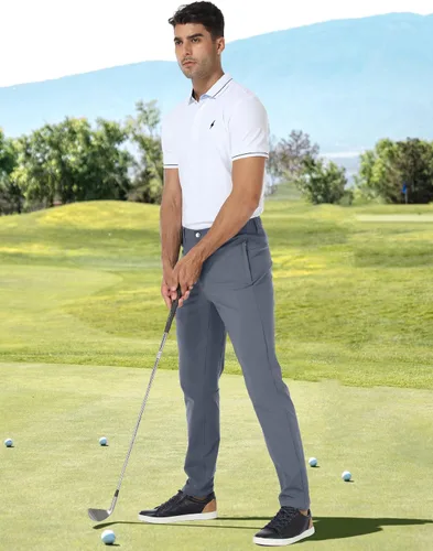 Miniatura 4 de PULI Pantalones de golf para hombre, elásticos, ajustados, casuales, para trabajo, senderismo, pantalones impermeables con bolsillos