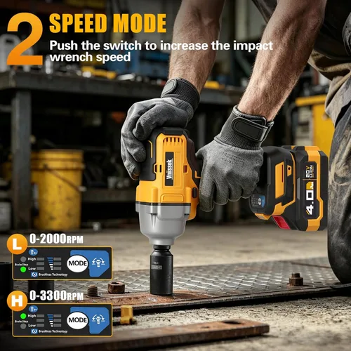 Miniatura 6 de Llave de impacto inalámbrica, 900 pies-libra (1200 N.m) pistola de impacto sin escobillas de 1/2" con batería 2x 4.0Ah, cargador rápido y 6 dados