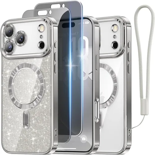 Miniatura 45 de Meifigno Candy Mag Series - Funda diseñada para iPhone 15 Pro, compatible con MagSafe, tarjeta con purpurina y correa de muñeca, protección completa