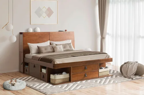 Miniatura 33 de Memomad Bali Slim Set: Plataforma de almacenamiento con cajones + Cabecero de panel plano (Tamaño completo, madera marrón roble)