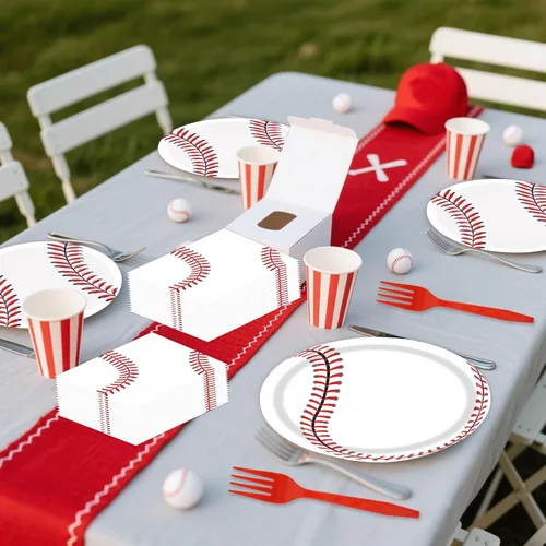 Miniatura 6 de 96 platos de papel de béisbol y servilletas para fiesta, platos de fiesta de béisbol, servilletas y tenedores, juego de vajilla desechable