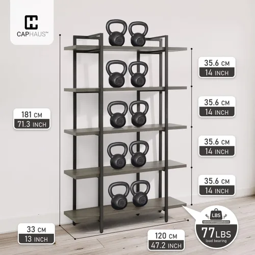 Miniatura 3 de CAPHAUS Estantería de 5 niveles, estantería industrial vintage de 71 pulgadas de alto con estantería abierta, estantería de madera y metal, Gris