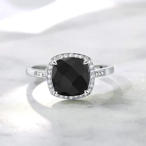 Miniatura 5 de Gem Stone King Anillo de compromiso de oro blanco de 10 quilates con ónix negro para mujer 211 quilates con corte de tablero de ajedrez piedra natal