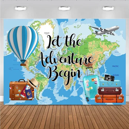 Miniatura 4 de Let The Adventure Begin - Fondo de fotografía de fondo de gira mundial, mapa, maleta de avión, decoraciones de fiesta de cumpleaños, globo