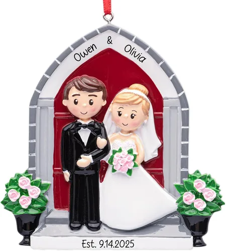 Miniatura 12 de Adorno personalizado de nuestro primer matrimonio de Navidad 2026 Pareja recién casada en auto de boda vintage para árbol de Navidad Regalo