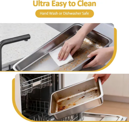 Miniatura 8 de Juego de 2 platos de 9 cuartos de galón para bufé, calentadores de alimentos de acero inoxidable dorado con utensilios de servir, soporte plegable