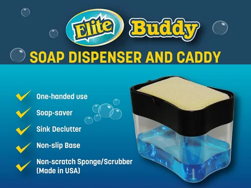 Miniatura 6 de Elite Buddy - Dispensador de jabón para platos y soporte de esponja para encimera de fregadero de cocina, incluye esponja limpiadora antiarañazos