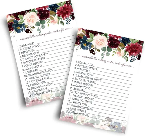 Juegos de despedida de soltera con flores azules, 25 cartas, juego de palabras de boda, divertida actividad de adivinación para invitados, fiestas