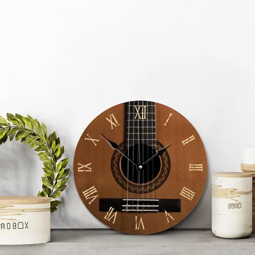 Miniatura 5 de Reloj de pared con aspecto de madera natural, reloj de pared de guitarra acústica, silencioso, redondo, de madera, funciona con pilas, reloj